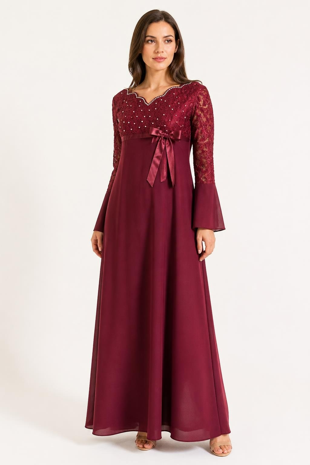 Dusty Rose Pearl Lace Long-sleeve Maxi | Pre-Loved | Why Go Less