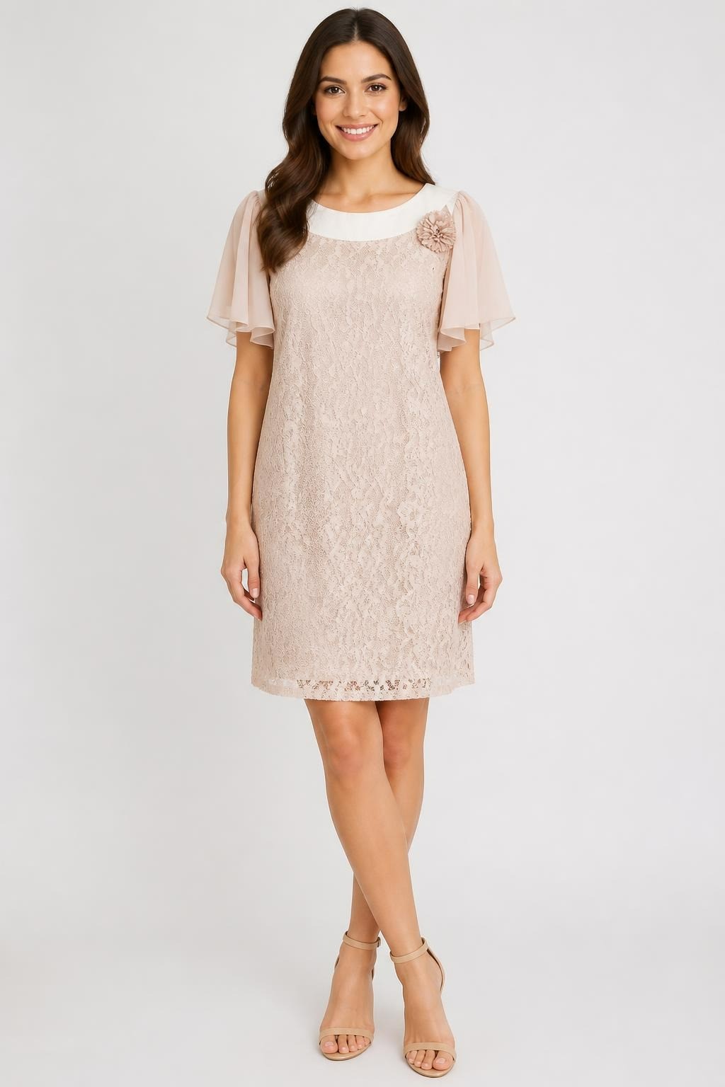 Beige Lace Flutter-sleeve Shift Dress | Pre-Loved | Why Go Less-1