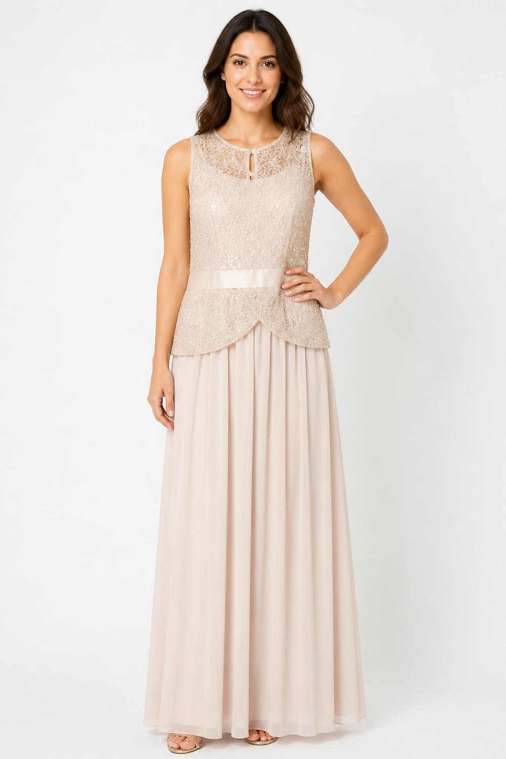 Champagne Sequin Lace Top Chiffon Maxi Dress | Pre-Loved | Why Go Less