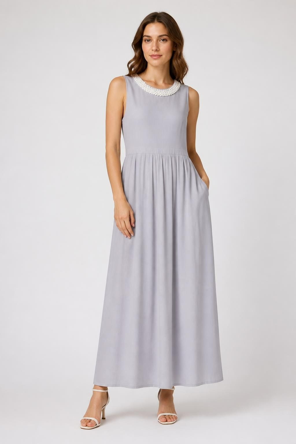 Light Grey Pearl Collar Sleeveless Maxi Dress | Pre-Loved | Why Go Less