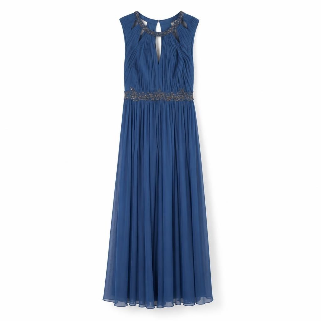 Steel Blue Beaded Chiffon Pleated Formal Gown | Pre-Loved | Why Go Less