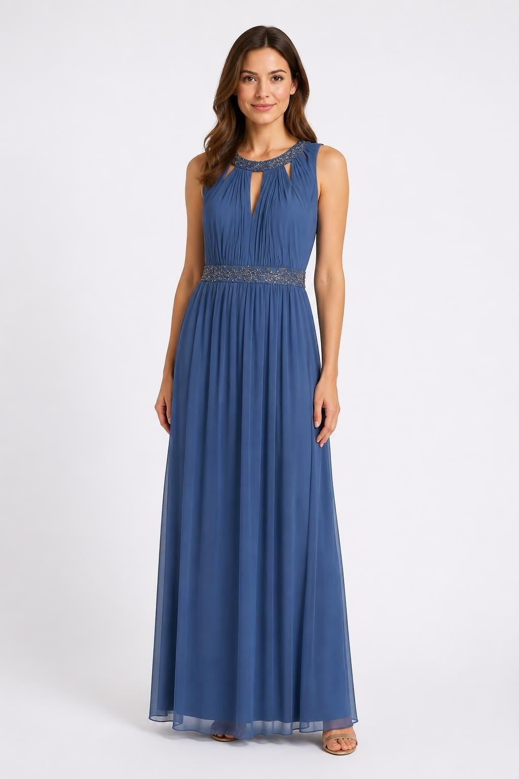 Steel Blue Beaded Chiffon Pleated Formal Gown | Pre-Loved | Why Go Less