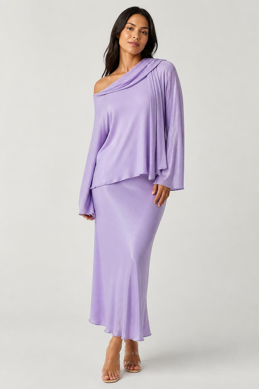 H & H Collection Lilac Satin Cowl Top & Midi Skirt Set | New | Why Go Less
