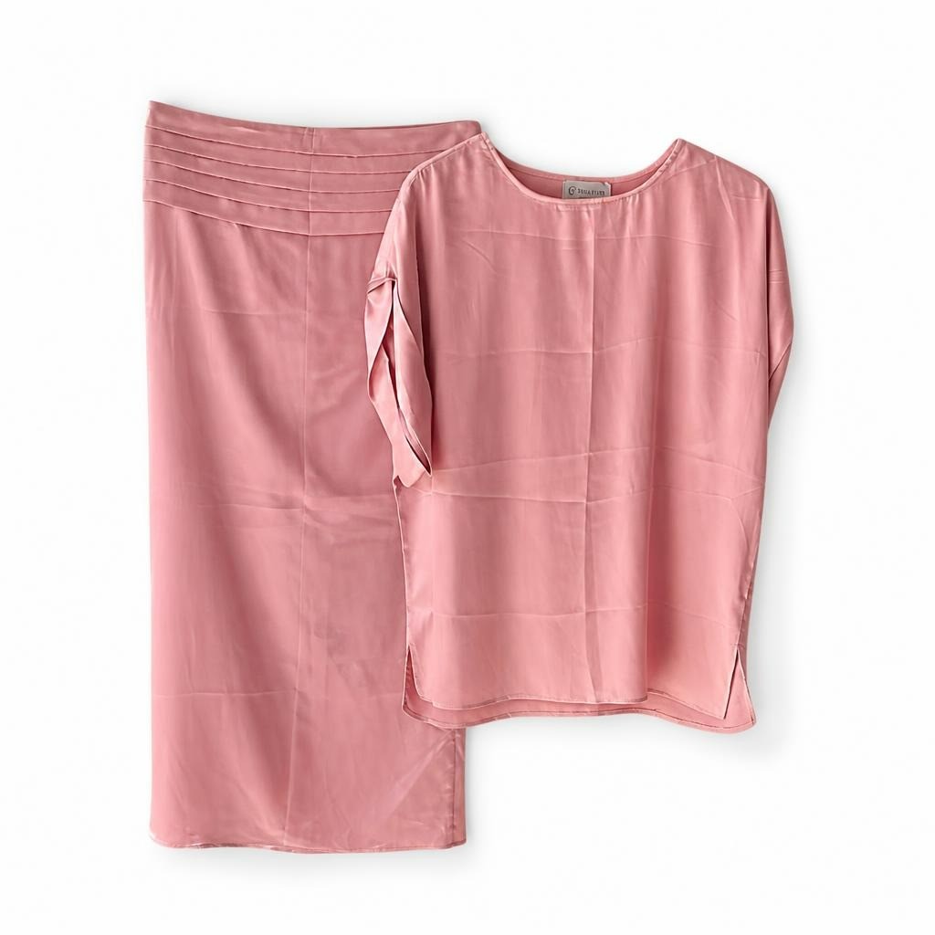 H & H Collection Pink Satin Blouse And Midi Skirt Set | New | Why Go Less