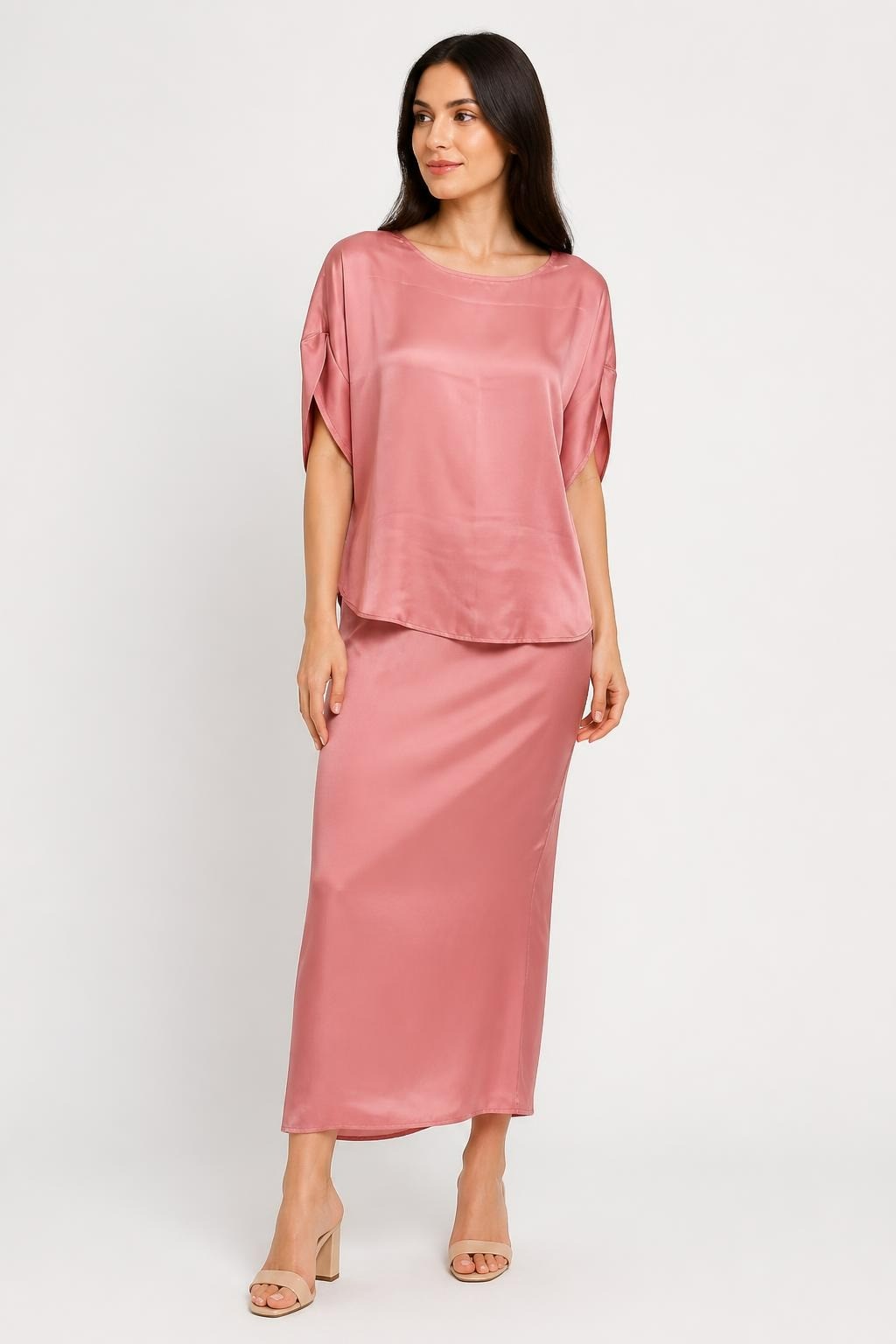 H & H Collection Pink Satin Blouse And Midi Skirt Set | New | Why Go Less