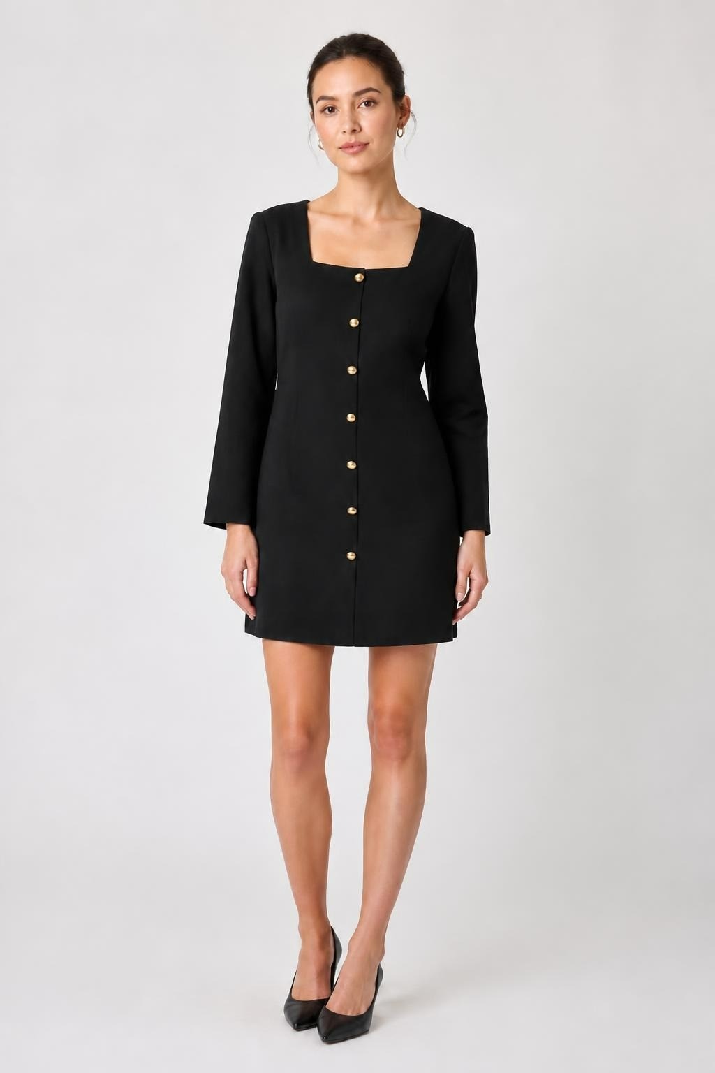 H & H Collection Black Mini Dress Square Neck Gold Buttons Long Sleeve | New | Why Go Less