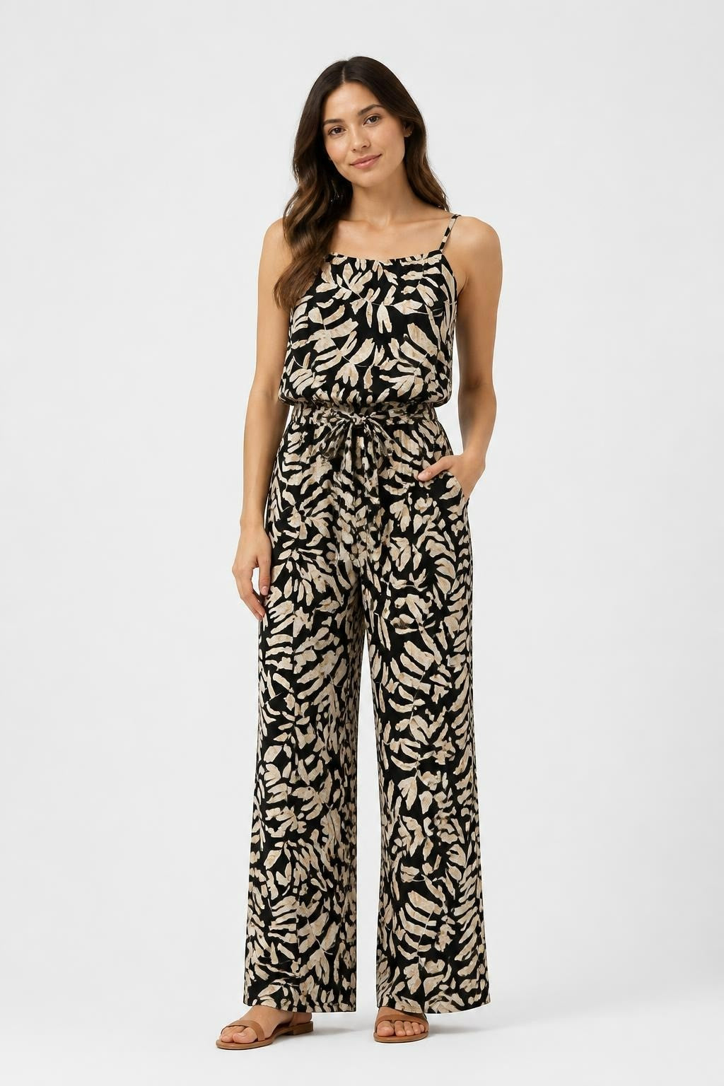 H & H Collection Black & Beige Leaf Print Spaghetti Strap Orverall | New | Why Go Less