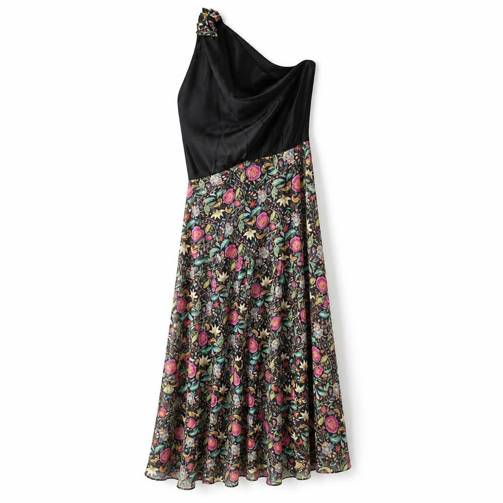 H & H Collection One-shoulder Black Top Floral Midi Skirt Dress | New | Why Go Less
