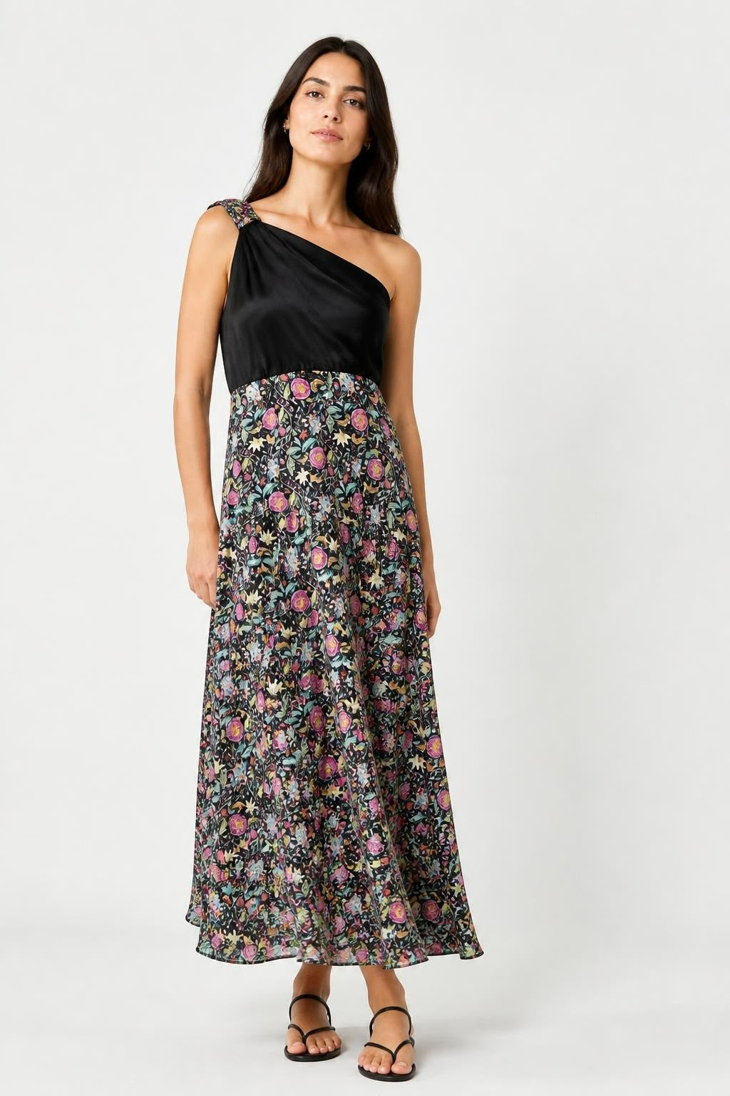 H & H Collection One-shoulder Black Top Floral Midi Skirt Dress | New | Why Go Less