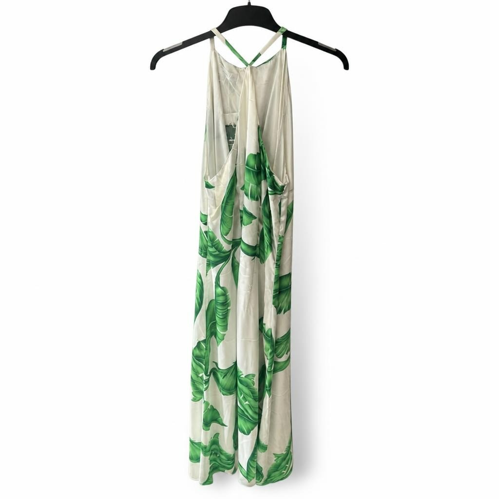 H & H Collection White Green Tropical Leaf Halter Maxi Dress, New Tag | New | Why Go Less