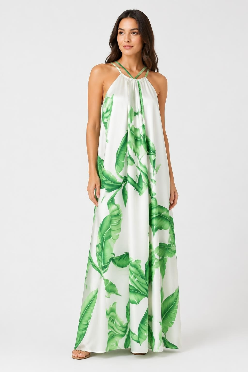 H & H Collection White Green Tropical Leaf Halter Maxi Dress, New Tag | New | Why Go Less-1