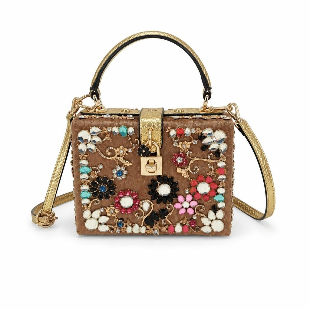 Sac Boîte Floral Orné Poignée et Bandoulière Dorées, Neuf avec Étiquette | D'occasion | Pourquoi Payer Plus