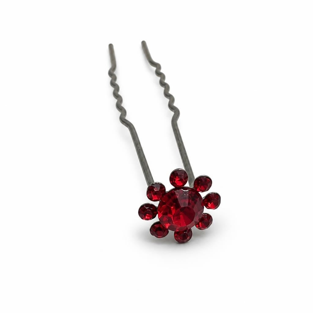 Red Crystal Flower Two-prong Decorative Hair Pin A | Pre-Loved | Why Go Less