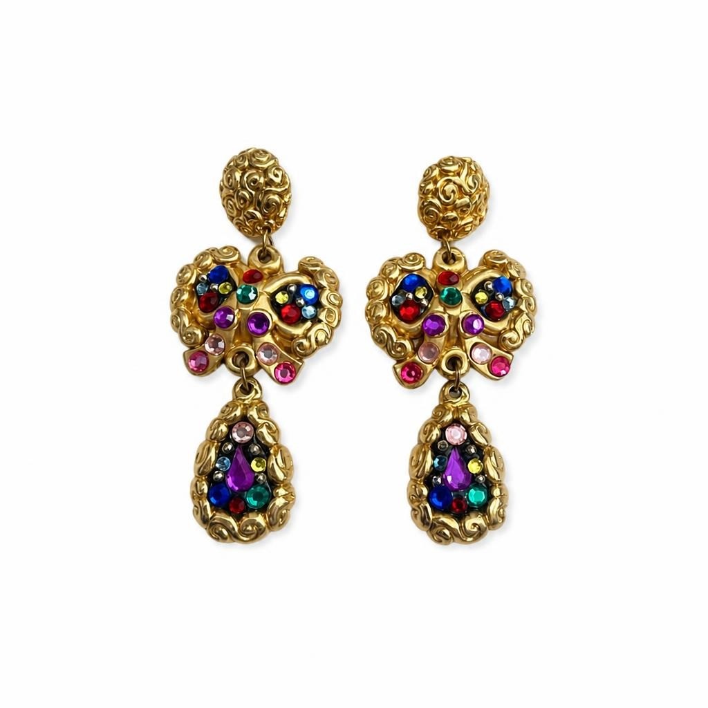 Gold-Tone Multi Color Rhinestone Statement Earrings | Pre-Loved | Why Go Less