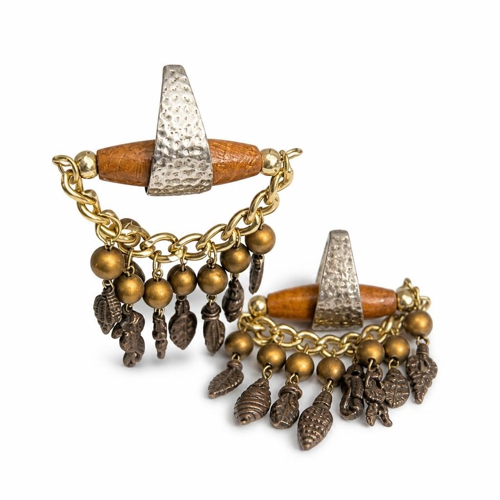 Boho Tribal Wood & Brass Charm Dangle Earrings | Pre-Loved | Why Go Less