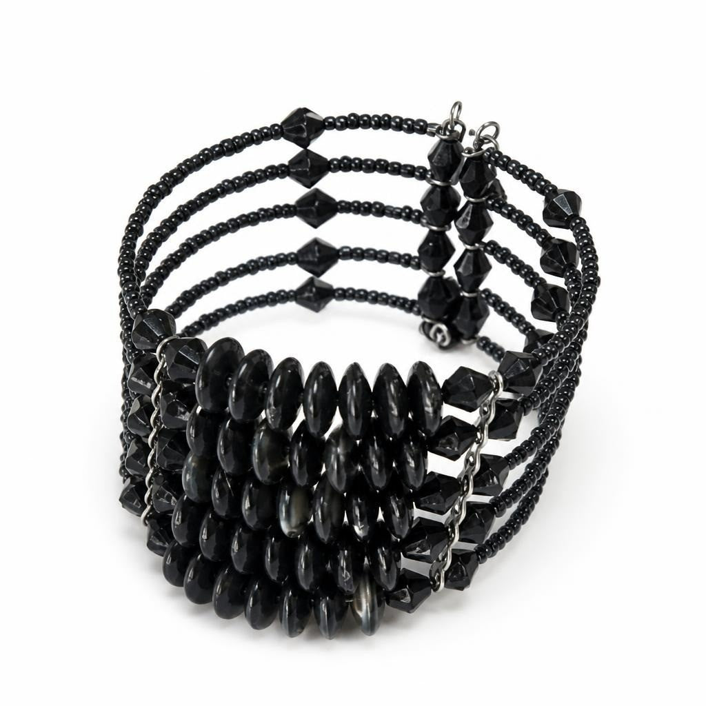 Bracelet manchette à disques perlés multi-brins noir | Seconde main | Pourquoi faire moins bien