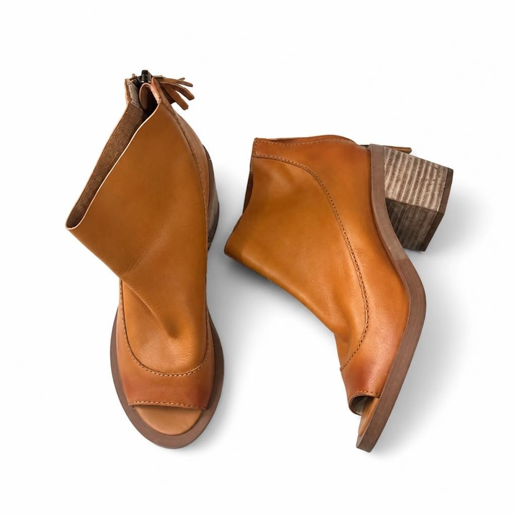 Tan Leather Open-toe Block Heel Ankle Booties | Pre-Loved | Why Go Less-1