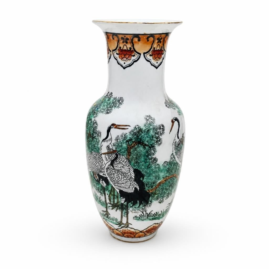 Vase chinois en porcelaine avec grue, blanc, vert, orange | Occasion | Pourquoi payer plus