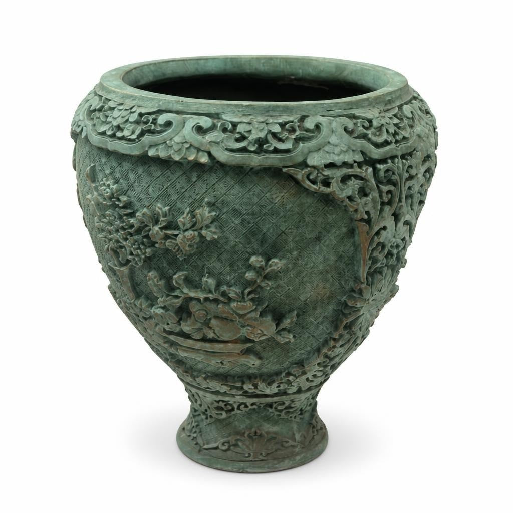 Vase décoratif sculpté orné vert, style asiatique | Seconde main | Pourquoi dépenser plus
