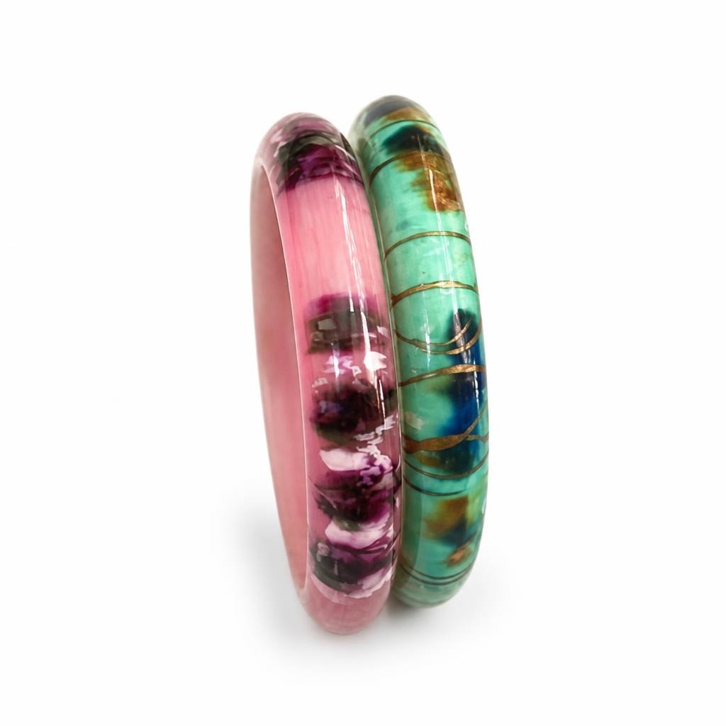 Two Lucite Resin Bangle Bracelets, Pink And Teal | Pre-Loved | Why Go Less