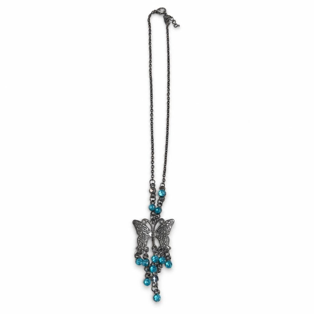 Dark Silver Butterfly Pendant Necklace Blue Crystals | Pre-Loved | Why Go Less