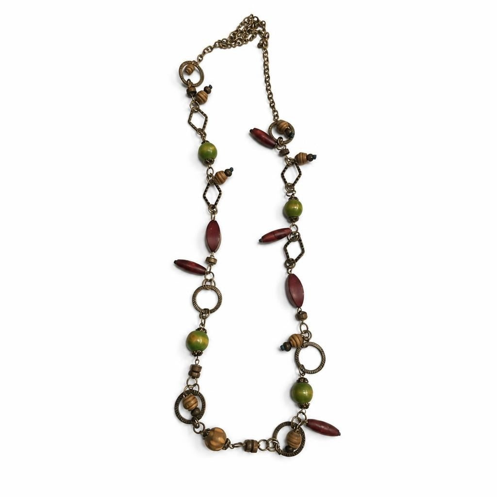 Boho Long Beaded Necklace Green Red Bronze Tones | Pre-Loved | Why Go Less