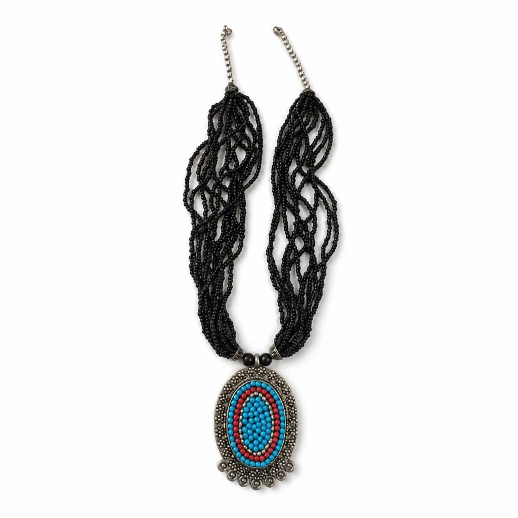 Multi-strand Black Seed Bead Necklace Turquoise Pendant | Pre-Loved | Why Go Less