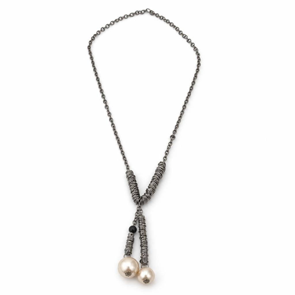 Silver Chain Lariat Necklace Coil Detail Faux Pearl | Pre-Loved | Why Go Less