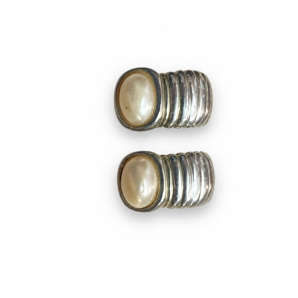 Silver-tone Ribbed Pearl Cabochon Clip Earrings | Pre-Loved | Why Go Less