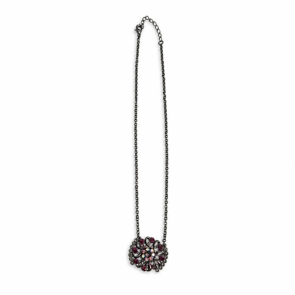 Dark Gunmetal Floral Pendant Necklace, Rhinestones | Pre-Loved | Why Go Less