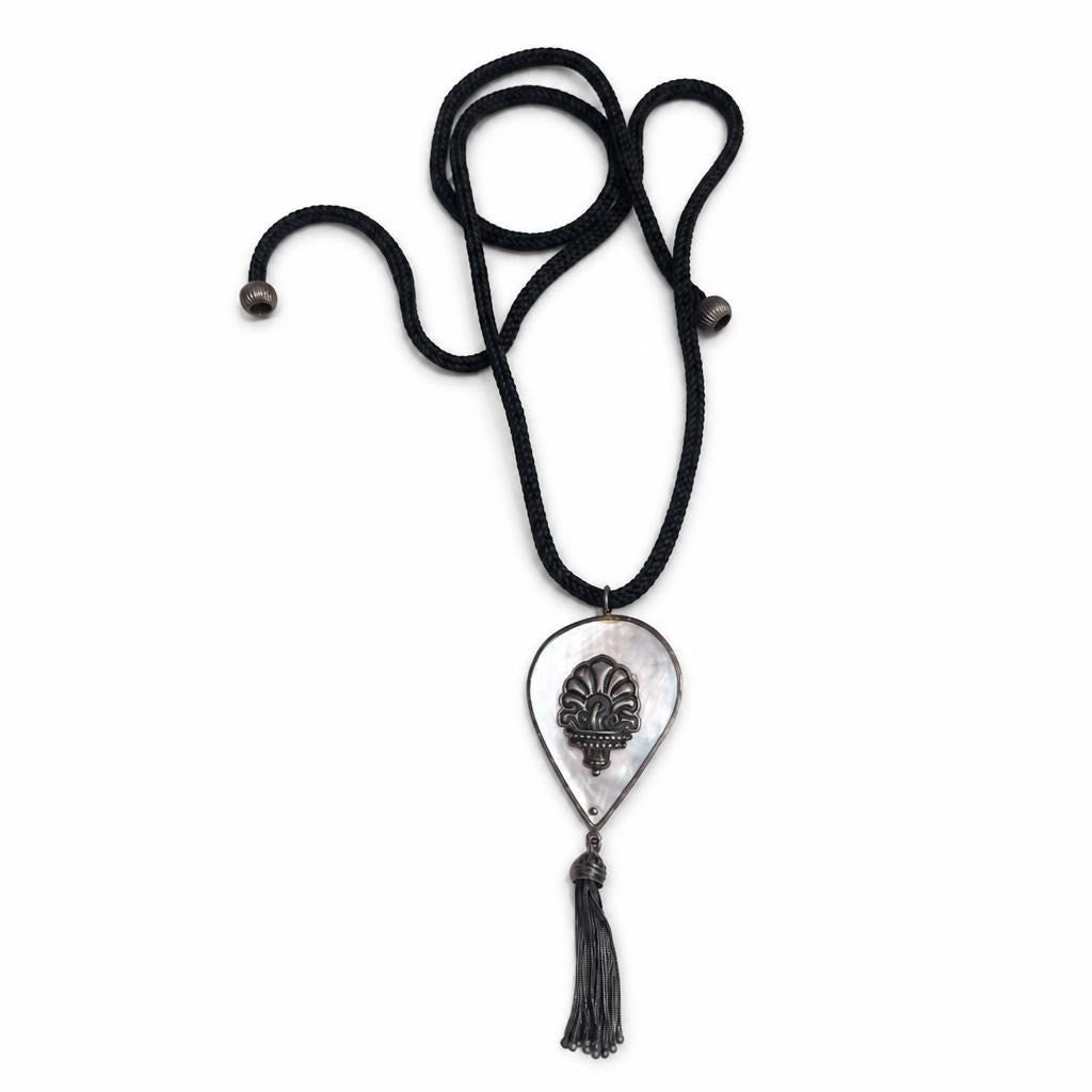 Mother Of Pearl Pendant Black Rope Tassel Necklace | Pre-Loved | Why Go Less