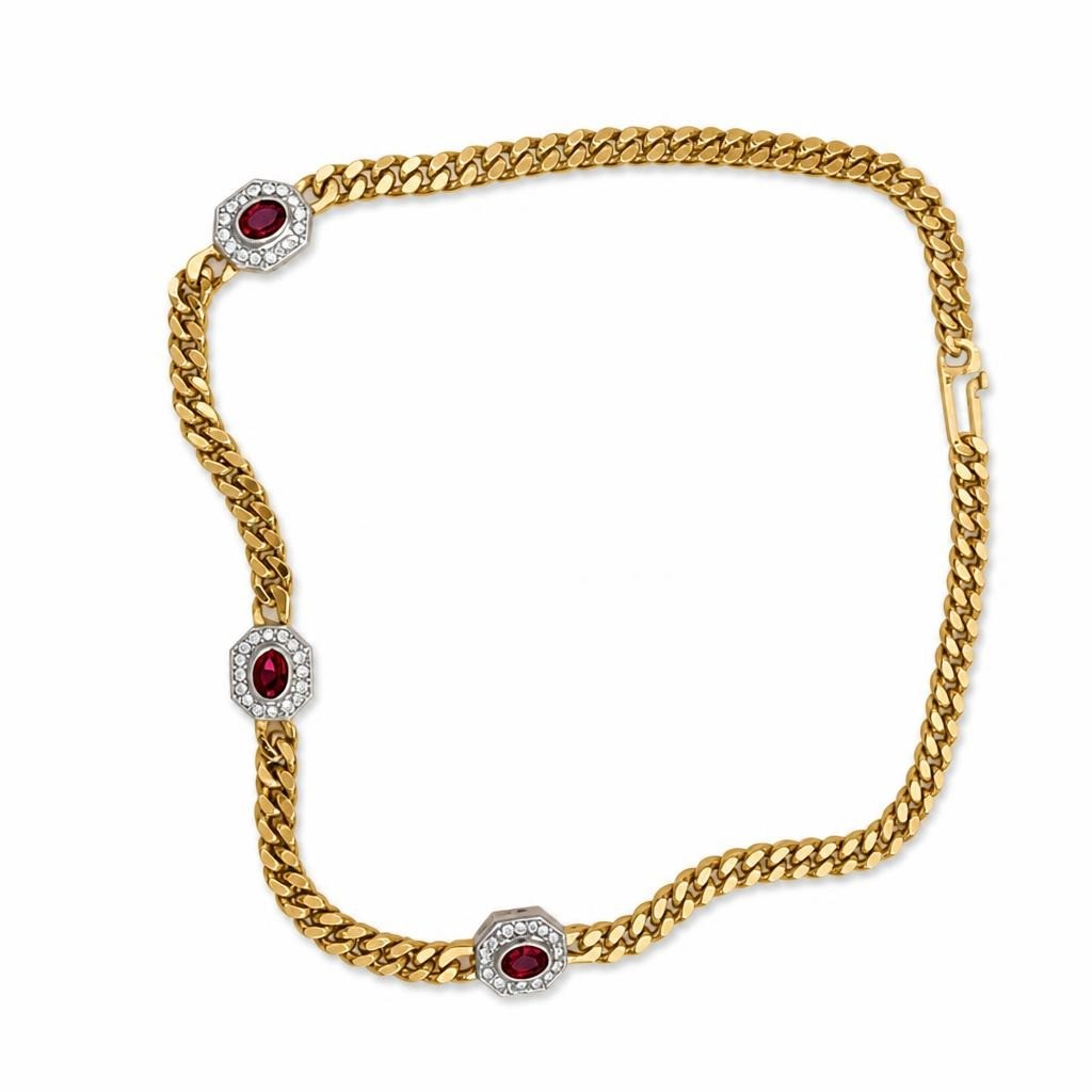 Gold Curb Chain Necklace Red Crystal Stations | Pre-Loved | Why Go Less