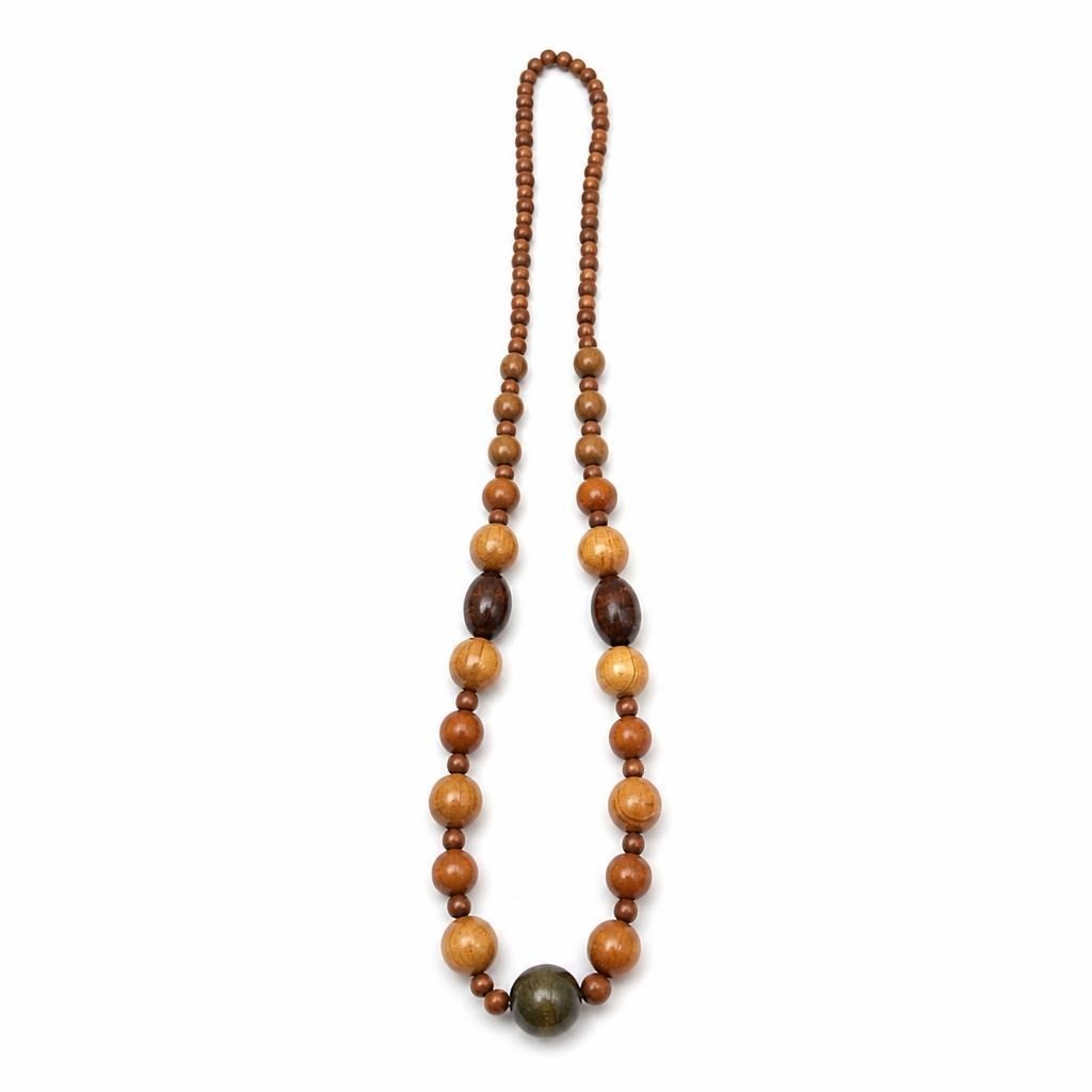 Wooden Bead Necklace, Multi-size Brown Tones, Long | Pre-Loved | Why Go Less