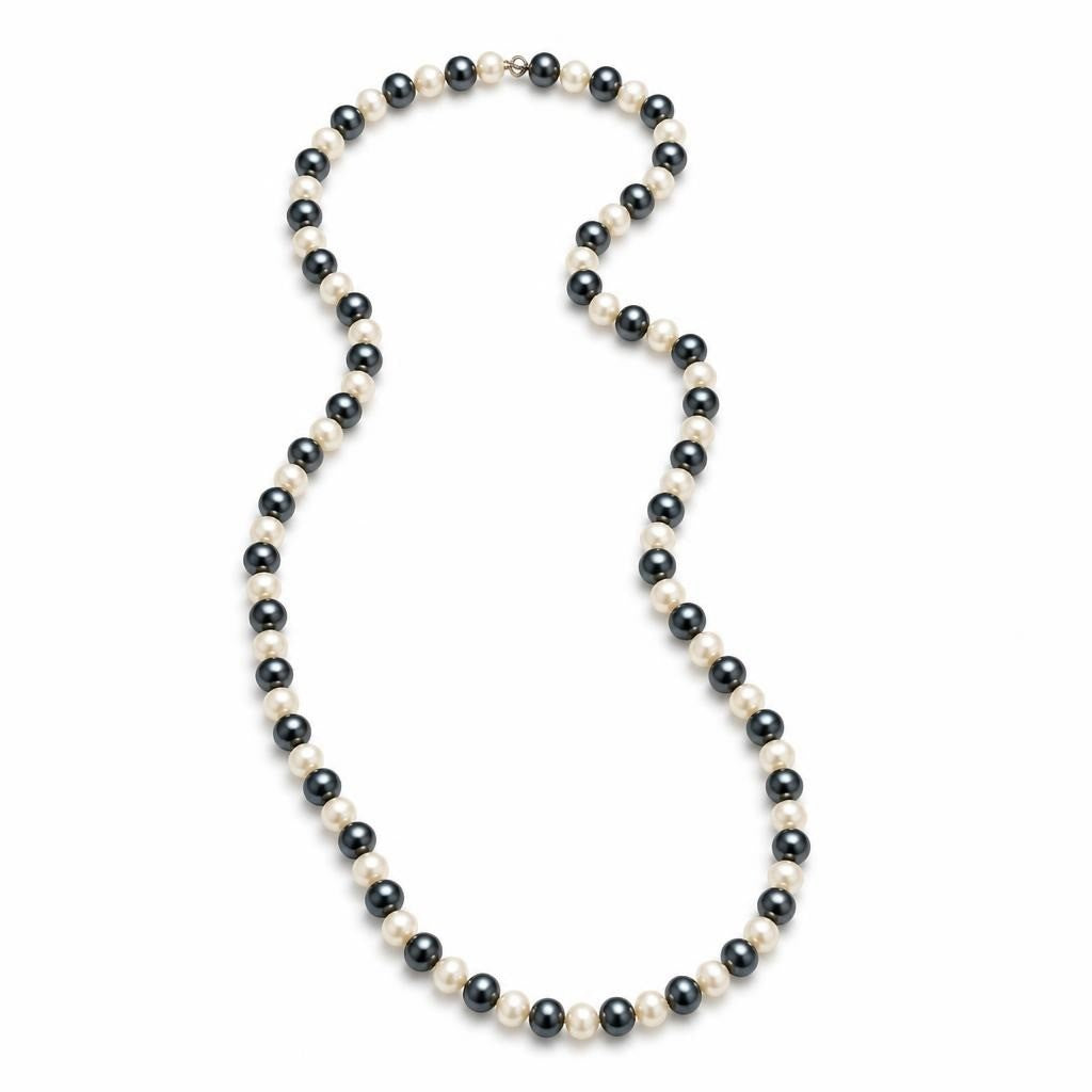Long Alternating Black & White Faux Pearl Necklace | Pre-Loved | Why Go Less