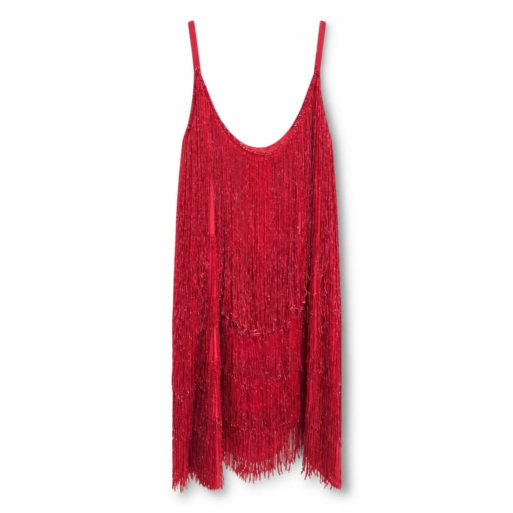Red Fringe Sequin Mini Dress, Spaghetti Strap | Pre-Loved | Why Go Less