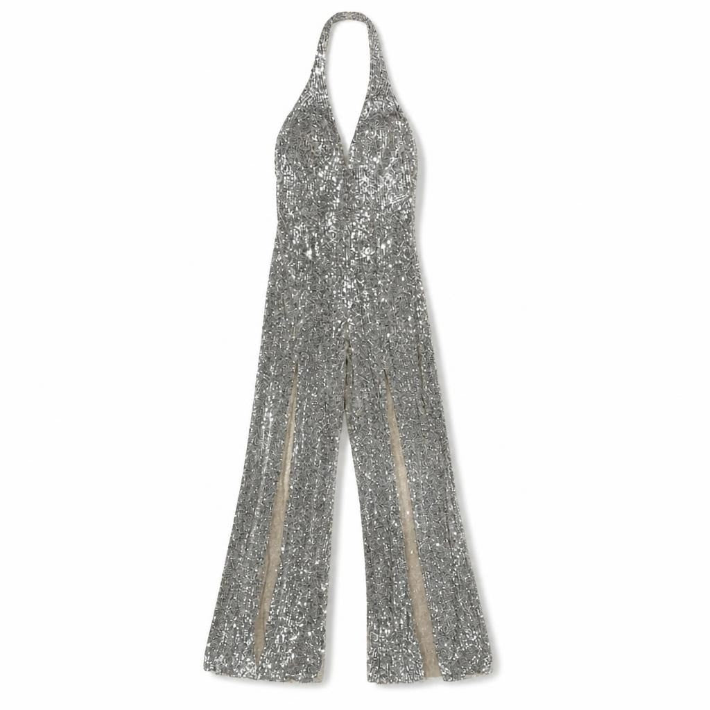 Silver Sequin Halter Jumpsuit Wide Leg | Pre-Loved | Why Go Less-2