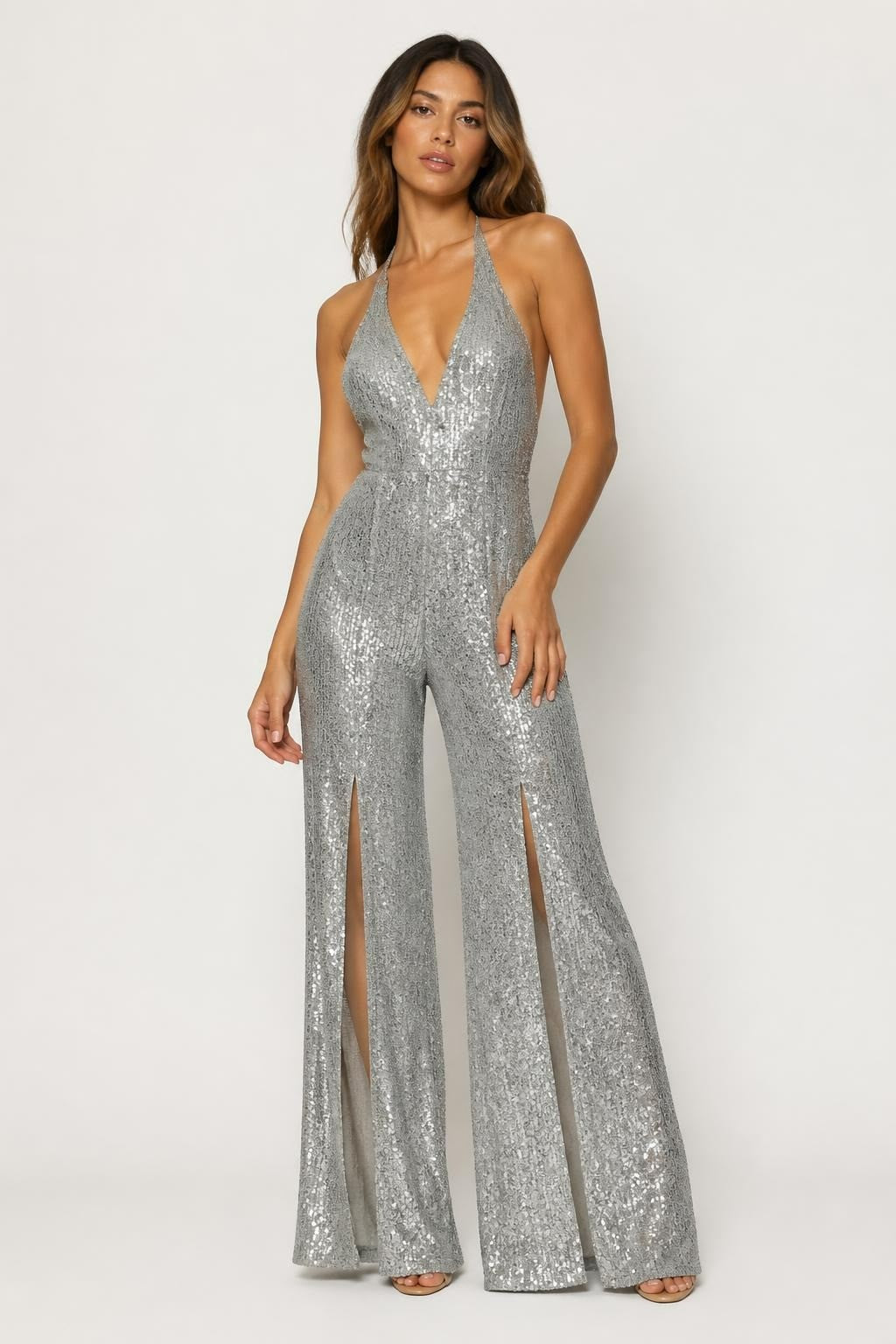 Silver Sequin Halter Jumpsuit Wide Leg | Pre-Loved | Why Go Less-1