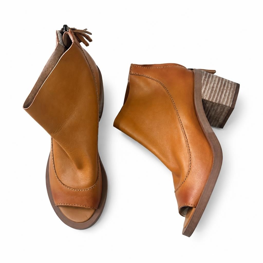 Tan Leather Peep-Toe Block Heel Ankle Booties | Pre-Loved | Why Go Less-2