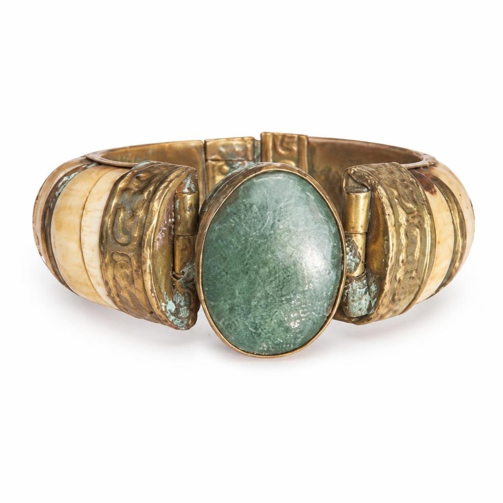 Boho Brass & Green Stone Wide Stretch Cuff Bracelet | Pre-Loved | Why Go Less-2