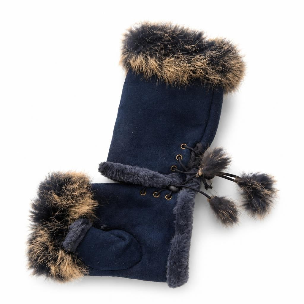Navy Blue Suede Fur-Trim Fingerless Gloves | Pre-Loved | Why Go Less