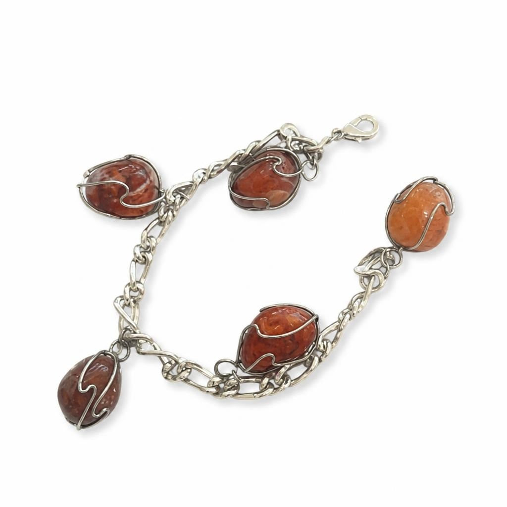 Silver Wire-Wrapped Orange Stone Charm Bracelet | Pre-Loved | Why Go Less-1