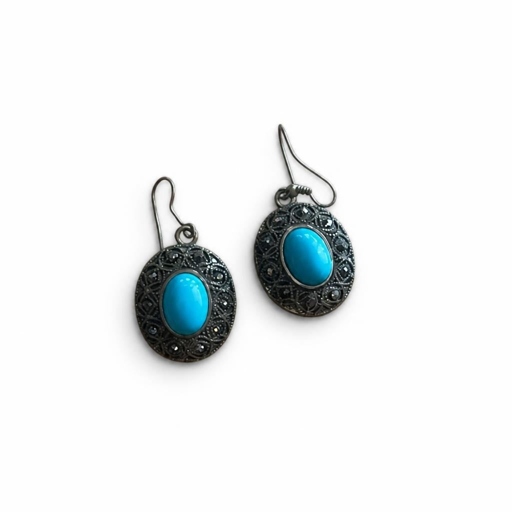 Turquoise Oval Stone Drop Earrings, Marcasite Frame | Pre-Loved | Why Go Less