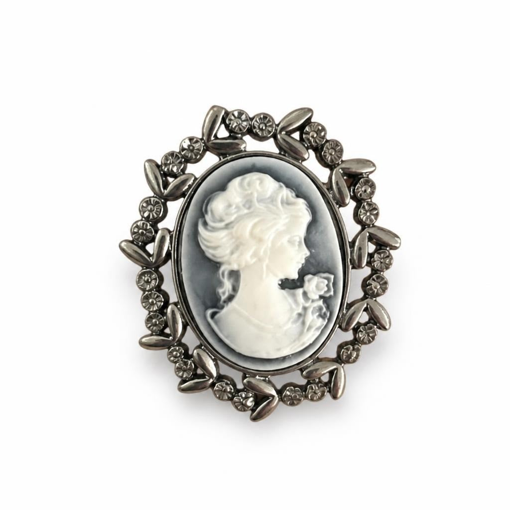 Cameo Brooch, Silver-Tone, Lady Silhouette, Rhinestones | Pre-Loved | Why Go Less