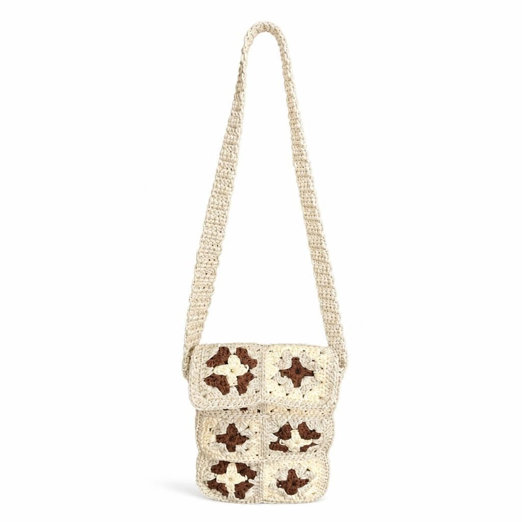 Sac bandoulière au crochet, motif granny square, beige/marron | Seconde main | Pourquoi se contenter de moins
