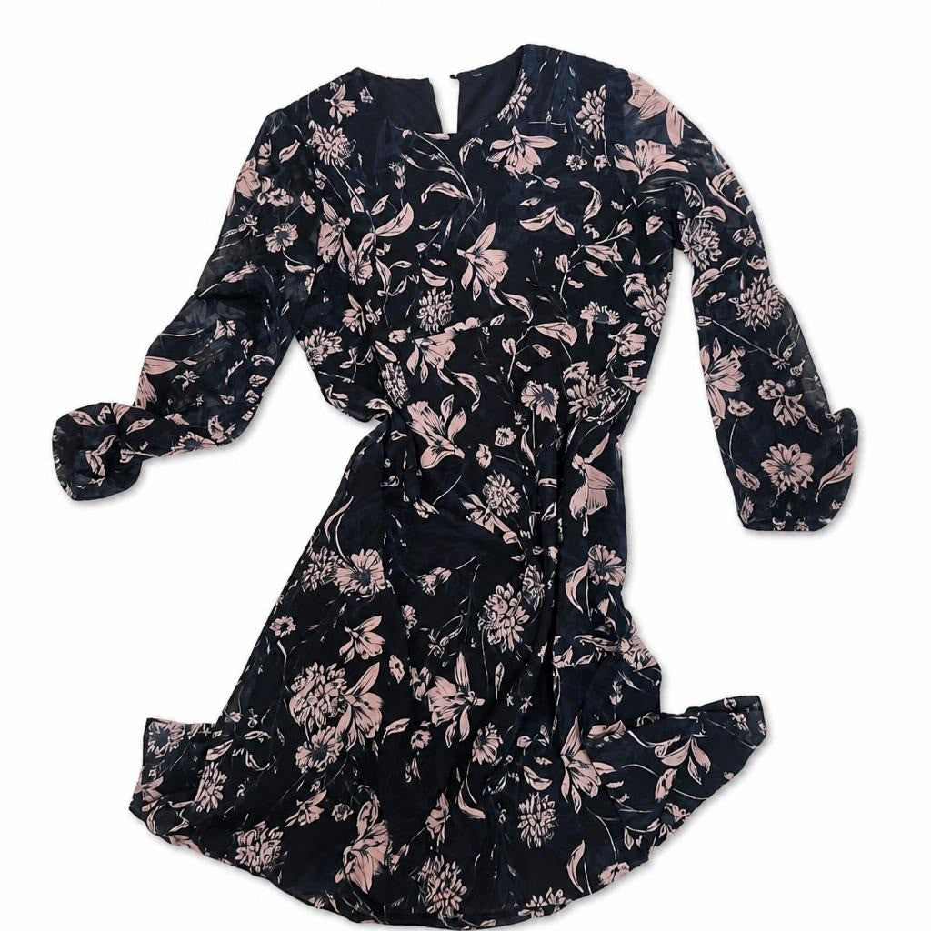 Black Floral Long-Sleeve Wrap Mini Dress | Pre-Loved | Why Go Less