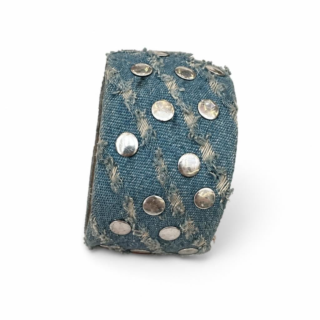 Denim Studded Wide Cuff Bracelet Light Blue | Pre-Loved | Why Go Less