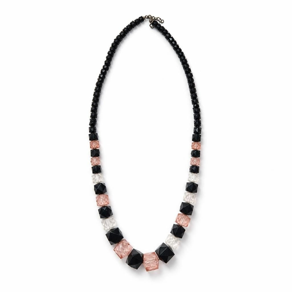Collier plastron perles géométriques noires roses transparentes | Seconde main | Pourquoi faire moins bien