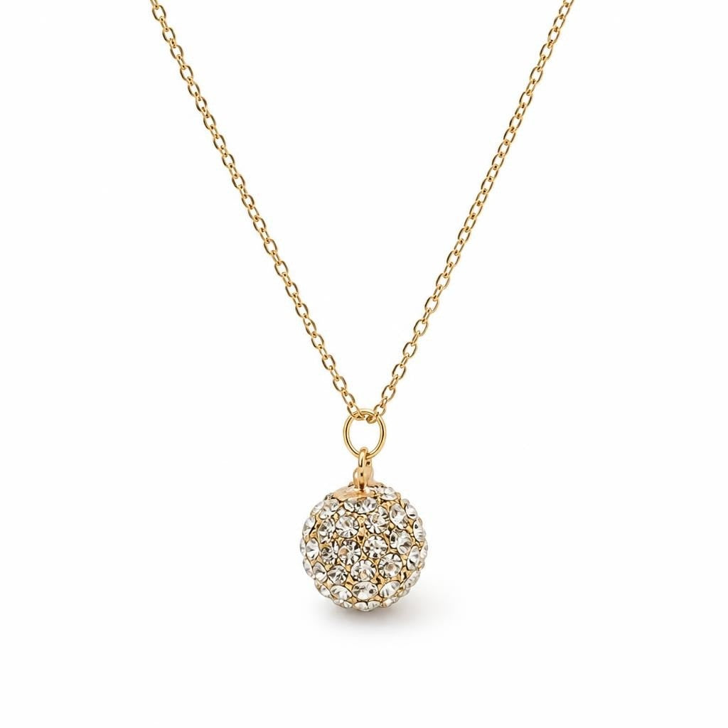 Crystal Pave Ball Pendant Gold Chain Necklace Box | Pre-Loved | Why Go Less