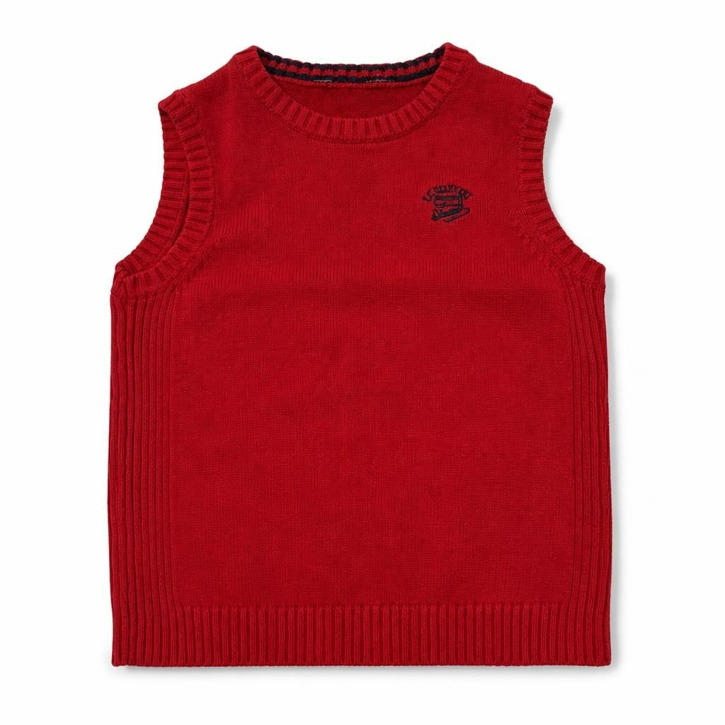 Gilet sans manches en maille rouge avec logo, taille inconnue | Seconde main | Pourquoi dépenser plus