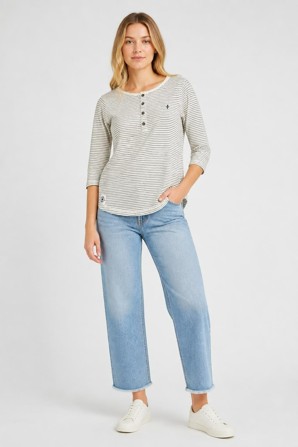 Striped White Navy Long Sleeve Henley Top | Pre-Loved | Why Go Less